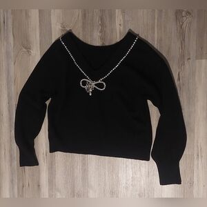 Express Black V-Neck Sweater with Silver Embellishment
